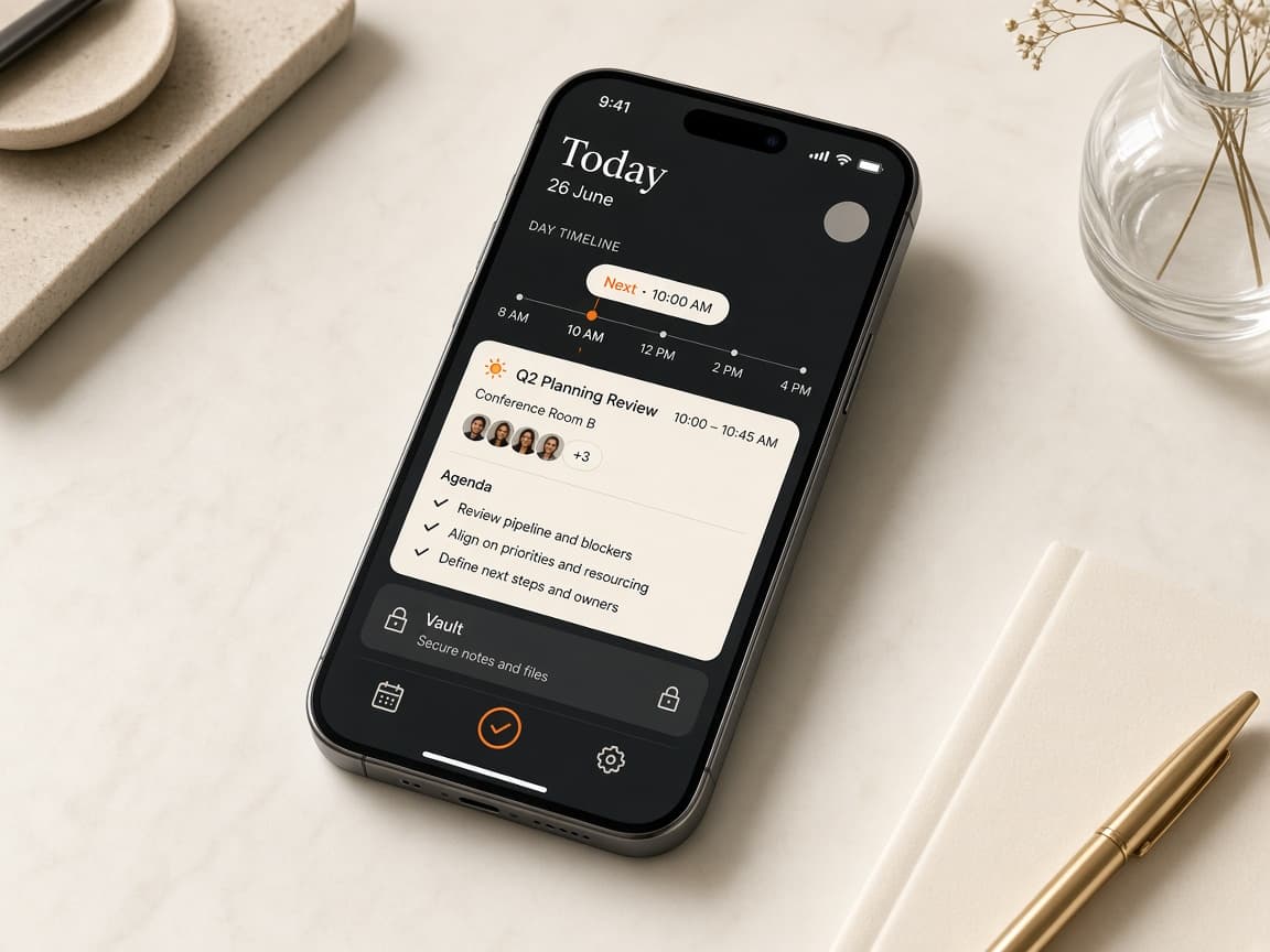 MeetReady on iPhone: the day's meetings beside an encrypted vault and prep notes