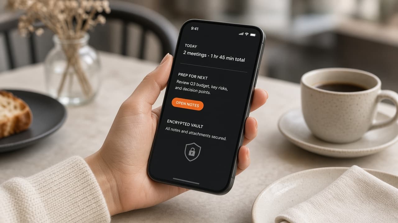 iPhone showing Meet Ready: the day's meetings with an encrypted vault and prep for one event
