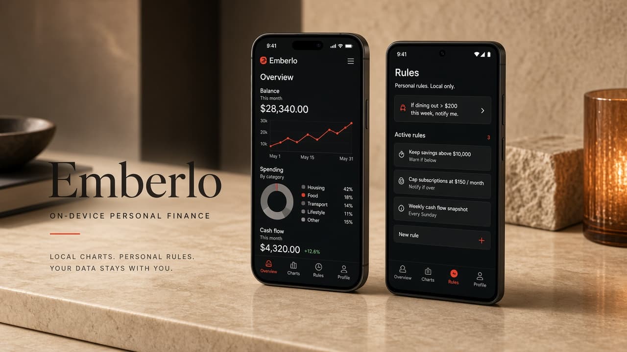 iPhone and Android phones showing Emberlo as an on-device personal finance companion